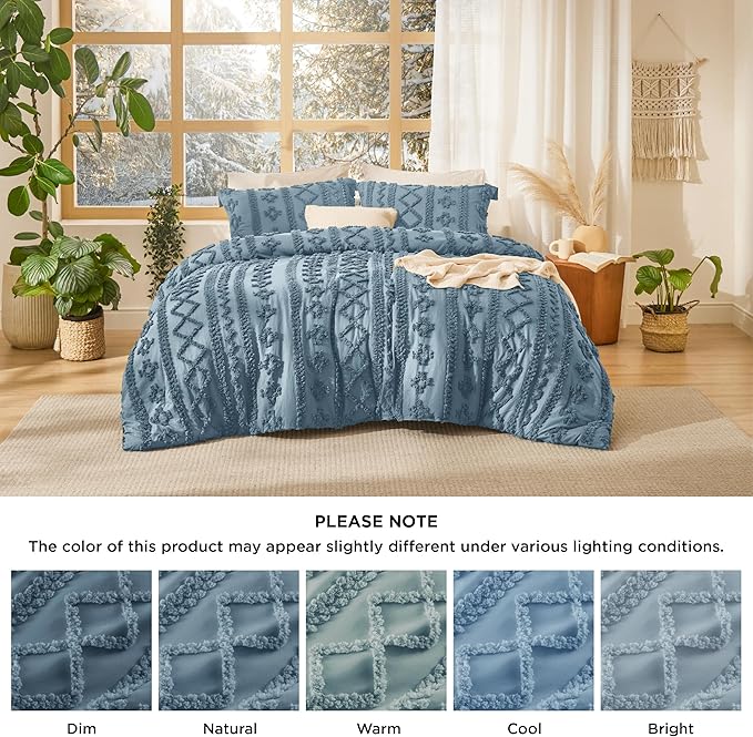Bedsure Tufted Boho Comforter Set Twin Size - Grayish Blue Boho Bed Set, GentleSoft™ 2 Pieces Farmhouse Shabby Chic Embroidery Bedding, Gifts for Woman, Soft Jacquard Twin Comforter for All Seasons