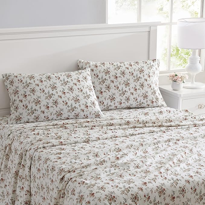 Laura Ashley - Flannel Sheets Full Size, Anti-Pilling & Wrinkle Resistant Cotton, Touchably Soft for All-Season Comfort - Bed Sheets with Matching Pillowcases & Fitted Sheet (Le Fleur Orange)