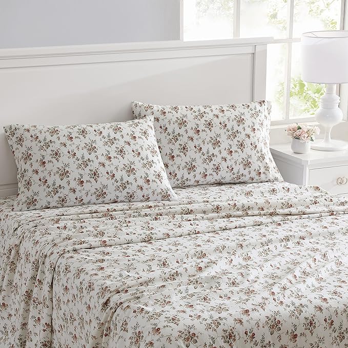 Laura Ashley - Flannel Sheets Twin Size, Anti-Pilling & Wrinkle Resistant Cotton, Touchably Soft for All-Season Comfort - Bed Sheets with Matching Pillowcase & Fitted Sheet (Le Fleur Orange)