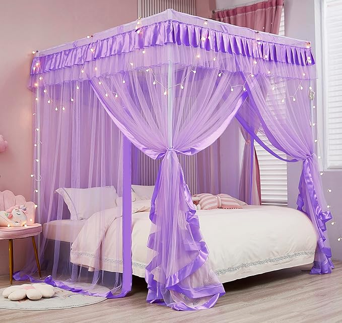 Mengersi Canopy Bed Curtains Full Size for Boys Girls Bed Drapes Bed Canopy Princess Bed Drapes Bedroom Decoration(Purple)