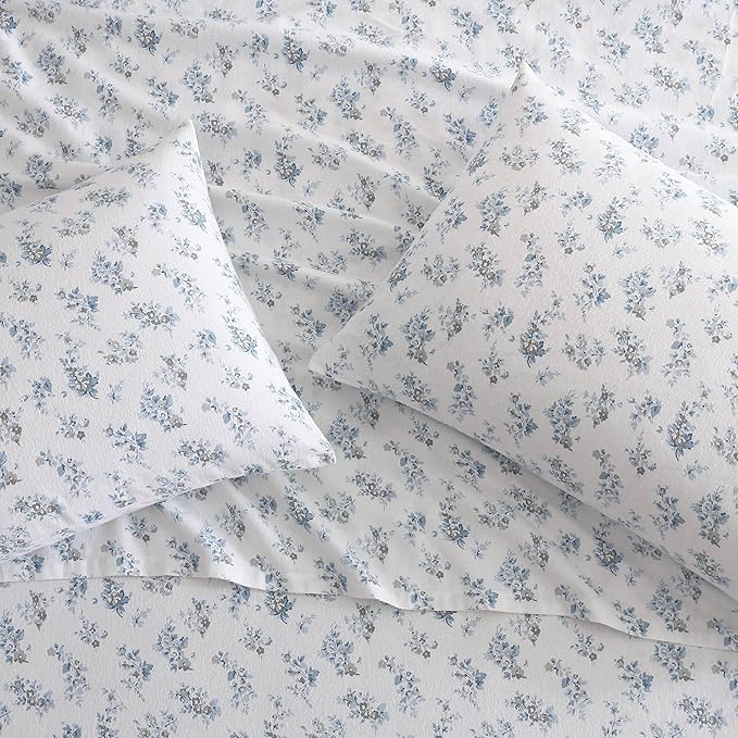 Laura Ashley - Flannel Sheets Twin Size, Anti-Pilling & Wrinkle Resistant Cotton, Touchably Soft for All-Season Comfort - Bed Sheets with Matching Pillowcase & Fitted Sheet (Audrey Blue)