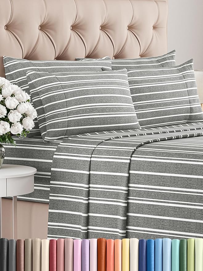 Cal King 6 Piece Sheet Set - Comfy Breathable & Cooling - Soft Hotel Luxury Bedding Set w/ 8-16 Inch Deep Pockets - 1 Flat & 1 Fitted Sheet & 4 Pillowcases - Wrinkle Free & Easy Care - Grey Stripes 3
