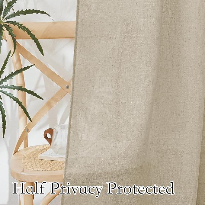 RYB HOME Linen Sheer Curtains Extra Long Farmhouse Bedroom Sliding Door, Beige, W 52 x L 120, 2 Panels