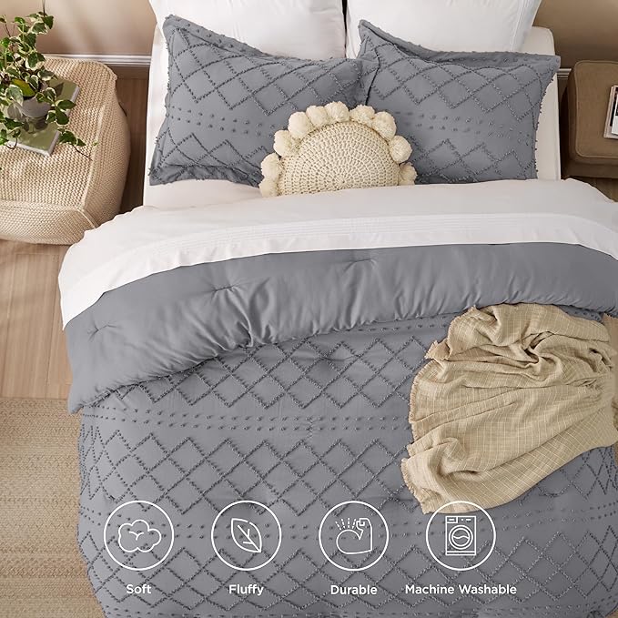 Bedsure Twin Comforter Set - Grey Comforter, Boho Tufted Shabby Chic Bedding for Kids, 2 Pieces Vintage Farmhouse Bed Set for All Seasons, Fluffy Soft Bedding with 1 Pillow Sham
