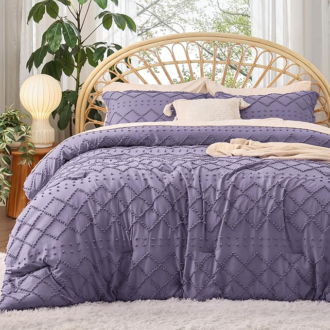 Bedsure Twin Comforter Set - Grayish Purple Boho Twin Comforter, Shabby Chic Dorm Bedding Set for Kids, 2 Pieces Modern Farmhouse Bed Set, Includes 1 Pillow Sham