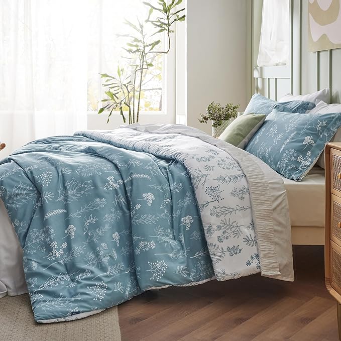 Bedsure Queen Comforter Set - Mineral Blue Bed Set, 3 Pieces Cute Floral Bedding, 1 Soft Reversible Botanical Flowers Comforter and 2 Pillow Shams