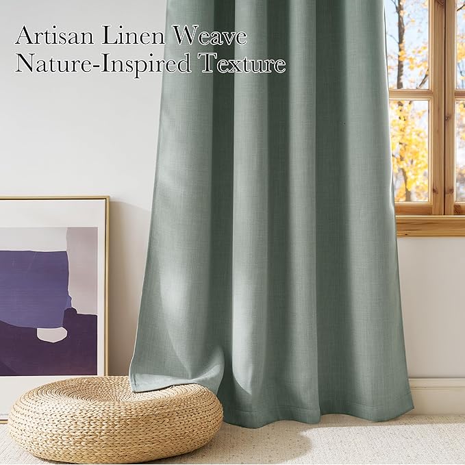 NICETOWN Short Faux Linen Sage Green Blackout Curtains 63 inches Long for Kitchen - Privacy Panels for Living Room Bedroom, Modern Farmhouse Style Easy Care Grommet Top, 2 Panels, W42 by L63