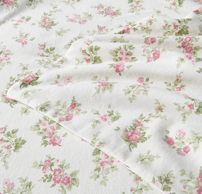 Laura Ashley Home | Flannel Collection | Premium Ultra Soft Cozy Lightweight Cotton Flannel Bedding Sheet Set, Wrinkle, Anti-Fade, Stain Resistant & Hypoallergenic, Twin, Audrey Pink (201589)