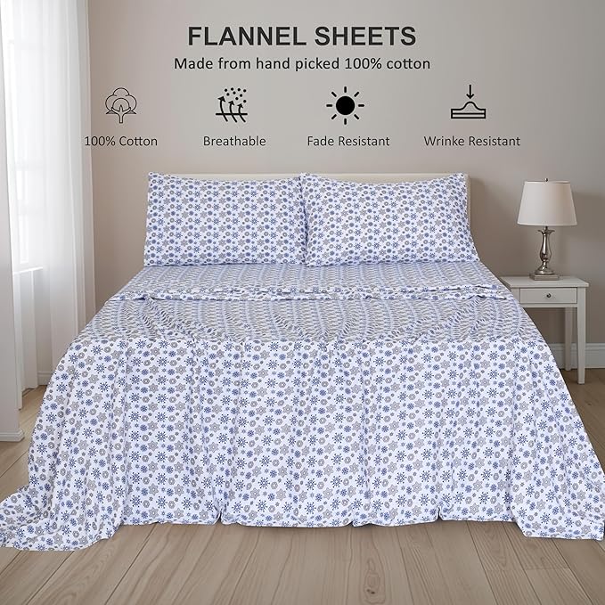 RUVANTI Flannel Sheets King Size - 100% Cotton Brushed King Size Sheets Set - Deep Pockets 16 Inches Bed Sheets - All Seasons Breathable & Extra Soft - Warm & Cozy, 4 Piece, Snow Flake Grey