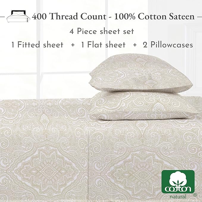 California Design Den Printed King Size Sheets Set - Luxury 400 Thread Count Sateen, Natural 100% Cotton Sheets, Deep Pockets, Cooling and Durable Bedding Set - Paisley Beige