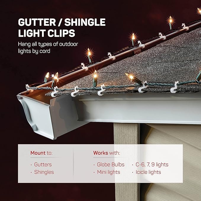 SEWANTA Christmas Light Clips - Set of 200 Mini Clips for Gutters and Shingles - Hanging Outdoor Lights - USA Made - No Tools Required