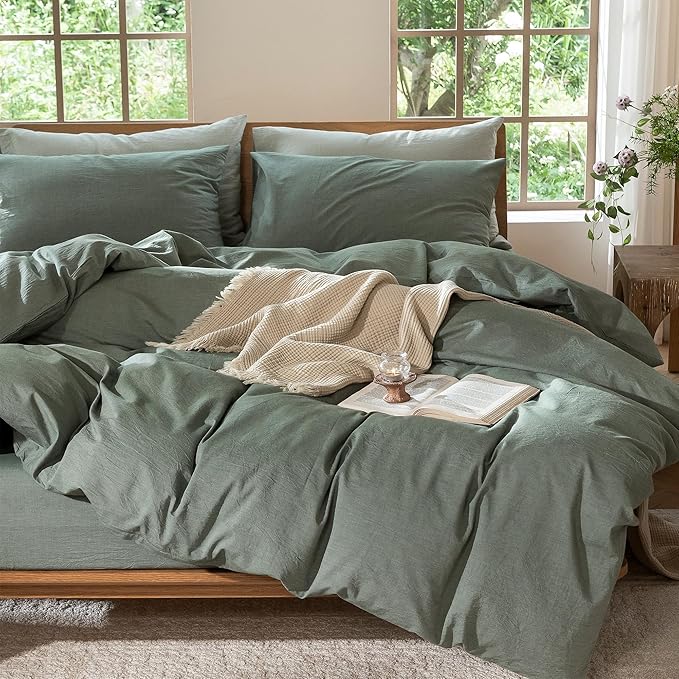 MooMee Bedding Duvet Cover Set 100% Washed Cotton Linen Like Textured Breathable Durable Soft Comfy (Heathered Green, Super Queen 90"x98")