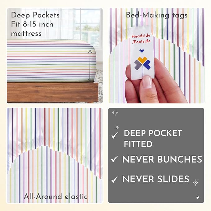 California Design Den Deep Pocket Twin Sheets Set - 400 Thread Count Sateen, Natural 100% Cotton Sheets, Cooling and Durable Bedding Set - Rainbow Striped
