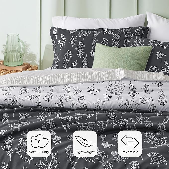 Bedsure Full Comforter Set - Dark Grey Bed Set, 3 Pieces Cute Floral Bedding, 1 Soft Reversible Botanical Flowers Comforter and 2 Pillow Shams