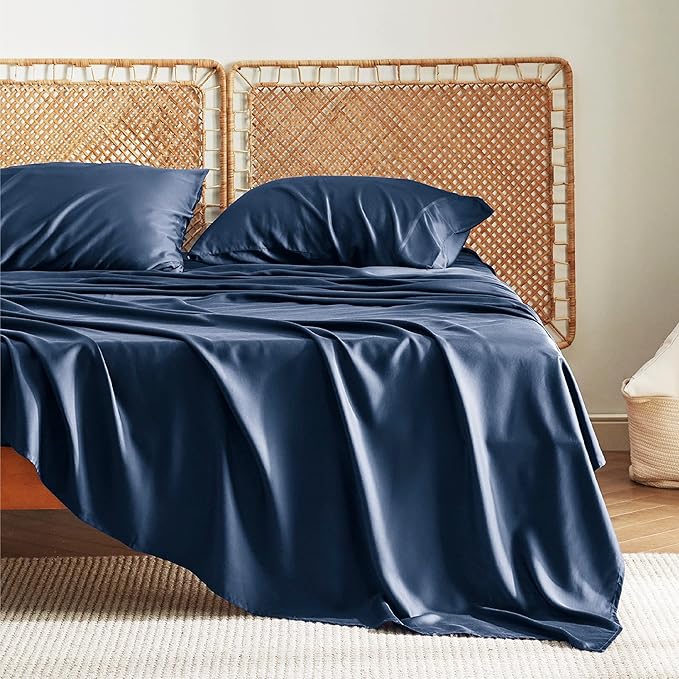 Bedsure Queen Sheet Set, Rayon Derived from Bamboo, Cooling Sheets, Breathable & Soft, Deep Pocket Up to 16 Inches, Hotel Luxury Silky Bedding for Hot Sleepers, Navy