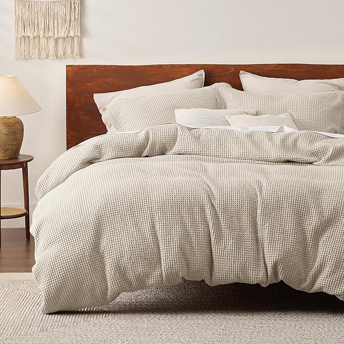 Bedsure Cotton Duvet Cover Full - 100% Cotton Waffle Weave Beige Duvet Cover Set, GentleSoft™ and Breathable Bedding Set for All Season, 3 Pieces, 80"x90"