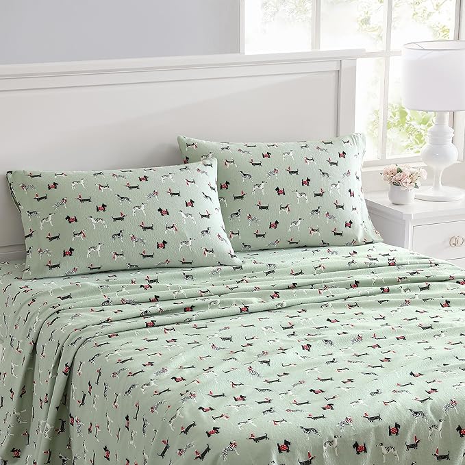Laura Ashley - Flannel Sheets Full Size, Anti-Pilling & Wrinkle Resistant Cotton, Touchably Soft for All-Season Comfort - Bed Sheets with Matching Pillowcases & Fitted Sheet (Holiday Pups Green)