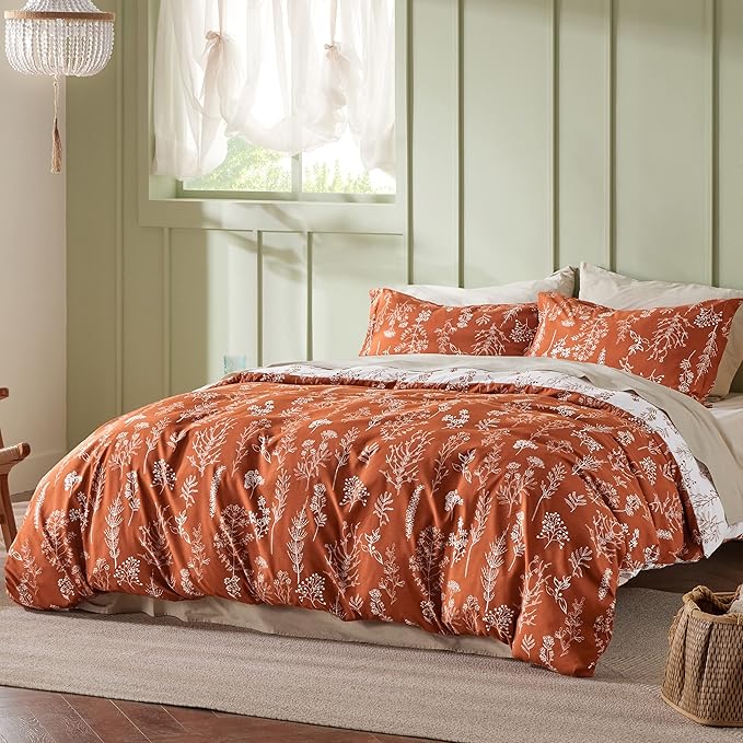 Bedsure King Comforter Set - Terracotta Bed Set, 3 Pieces Cute Floral Bedding, 1 Soft Reversible Botanical Flowers Comforter and 2 Pillow Shams