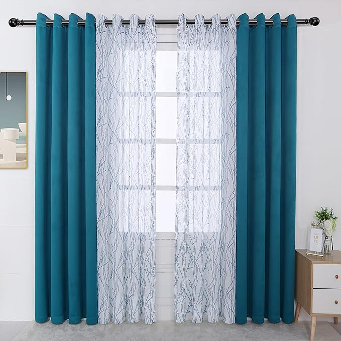 BONZER Mix and Match Curtains - 2 Pieces Branch Print Sheer Curtains and 2 Pieces Blackout Curtains for Bedroom Living Room Grommet Window Drapes, 54x108 Inch/Panel, Teal, Set of 4 Panels