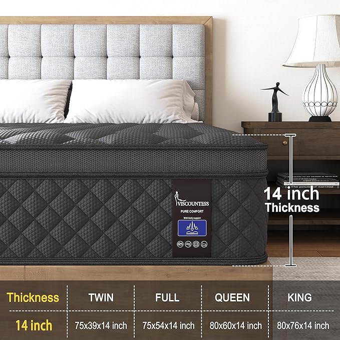 King Mattress, 14 Inch Hybrid Mattresses Black Euro Top Medium Firm for Back & Lumbar Support, 100 Night Trial, Individual Pocket Spring Bed for Motion Isolation & Pressure Relief