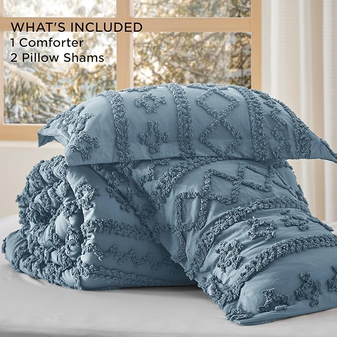 Bedsure Tufted Boho Comforter Set King Size - Grayish Blue Boho Bed Set, GentleSoft™ 3 Pieces Farmhouse Shabby Chic Embroidery Bedding, Gifts for Woman, Soft Jacquard King Comforter for All Seasons
