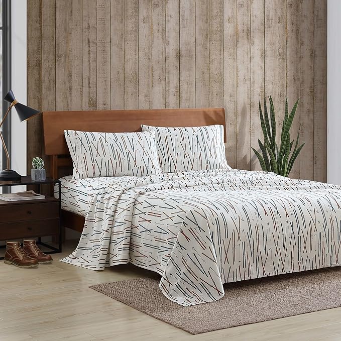 Eddie Bauer - King Sheets, Cotton Flannel Bedding Set, Brushed For Extra Softness, Cozy Home Decor (Ski Line White, King)