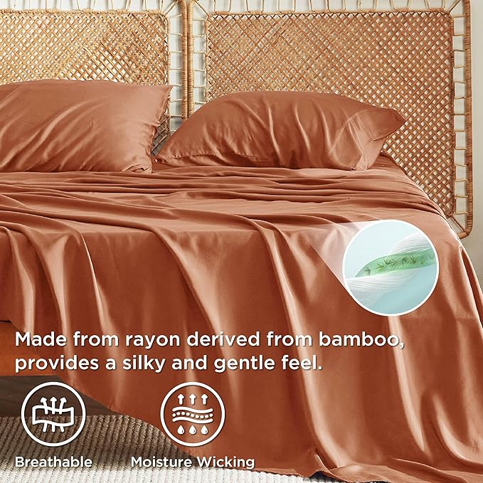 Bedsure Queen Sheet Set, Rayon Derived from Bamboo, Cooling Sheets, Breathable & Soft, Deep Pocket Up to 16 Inches, Hotel Luxury Silky Bedding for Hot Sleepers, Burnt Orange
