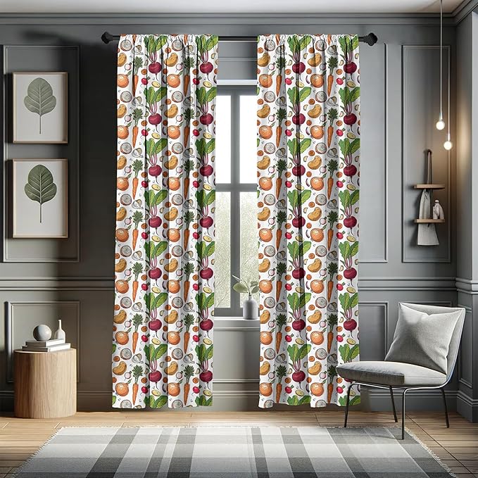Ambesonne Vegetables 2 Panel Curtain Set, Continuous Pattern of Sketchy Painted Healthy Natural Tasty Food Illustration, Window Treatment Living Room Bedroom Decor, Pair of - 28" x 63", Green Orange