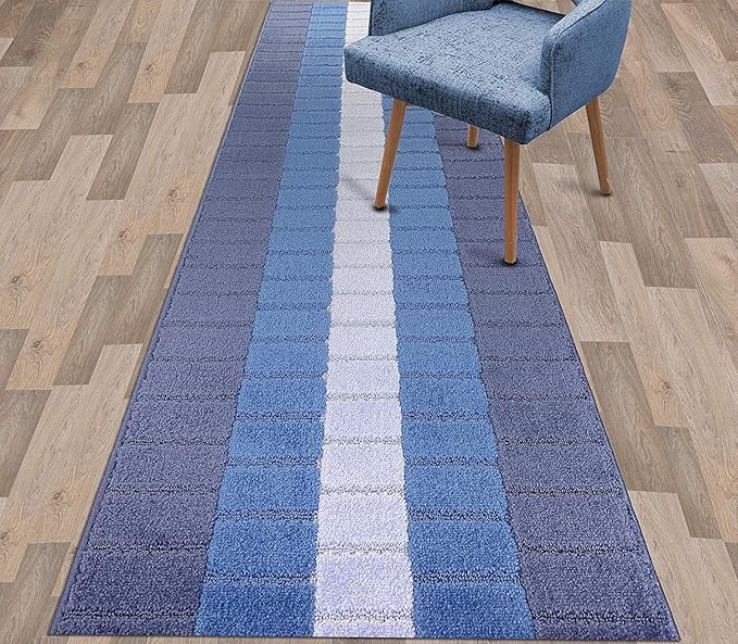 Custom Size Coastal Nautical Style Runner Rug Carpet for Hallway Entryway, Slip Resistant Latex Rubber Backed, 31 inch Wide X Customized Length, Squares Blue, 31 inch X 10 feet