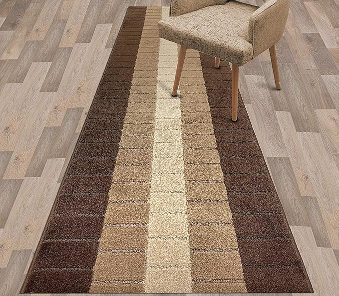 Custom Size Modern Geometric Pattern Carpet Runner Rug for Hallways, Slip Resistant Latex Rubber Backed, 31 inch Wide X Customized Length, Squares Brown, 31 inch X 23 feet