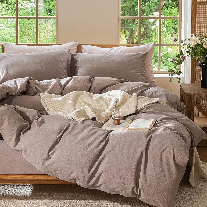 MooMee Bedding Duvet Cover Set 100% Washed Cotton Linen Like Textured Breathable Durable Soft Comfy (Heathered Mauve Brown, Twin 68"x90")