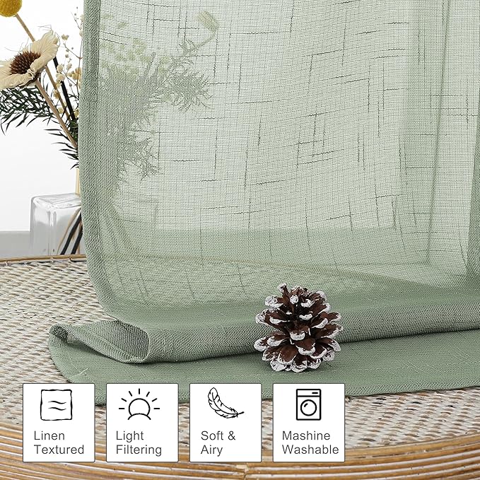 Aiyufeng Sage Green Sheer Curtains 72 inches Long 2 Panels, Fresh Textured Semi Sheer Green Curtains Linen Breathable Elegant Door Curtains & Drapes for Farmhouse/Living Room/Kitchen, 40Wx72L inch