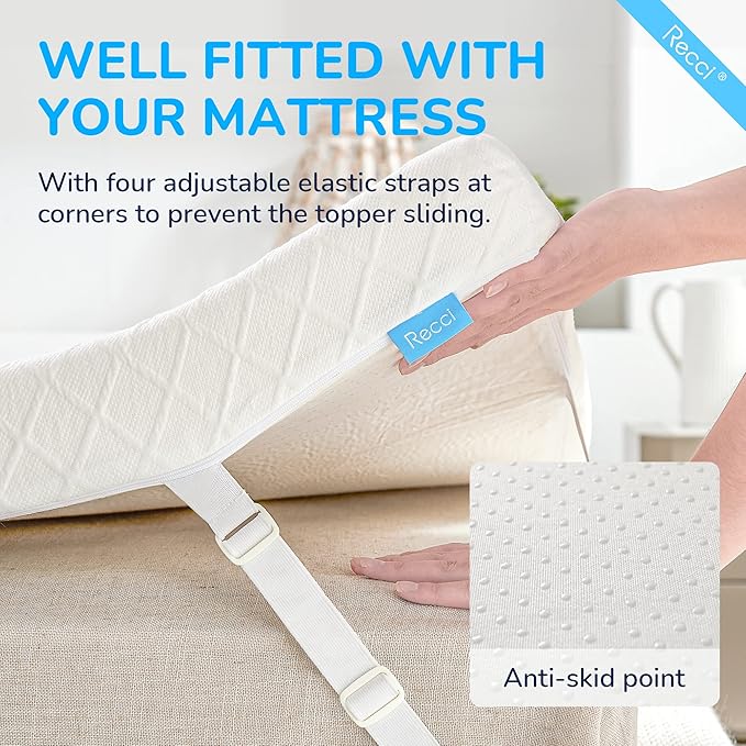 RECCI Memory Foam Mattress Topper for College Dorm, Pressure-Relieving Mattress Topper for Back Pain, Non-Slip Design with Removable & Washable Cover, CertiPUR-US Certified, 2 Inch TwinXL
