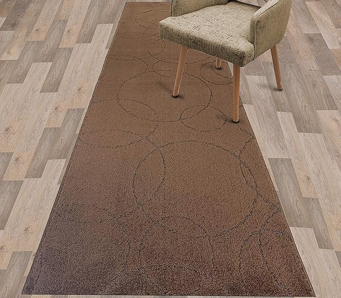 Custom Size Modern Geometric Pattern Carpet Runner Rug for Hallways, Slip Resistant Latex Rubber Backed, 31 inch Wide X Customized Length, Circles Brown, 31 inch X 14 feet