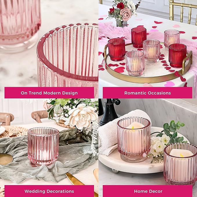 Blush Pink Vintage Ribbed Glass Tealight Votive Candle Holders by Kate Aspen (Set of 6), Pink Decor, Boho Decor, Shelf Decoration, Rose Gold Look | Perfect Hostess Gift