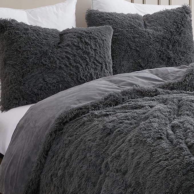 Full Size Luxury Faux Fur Comforter Set - Soft & Breathable 7-Piece Bedding Collection - 1 Comforter, 1 Fitted Sheet, 1 Flat, 2 Pillowcases, 2 Pillow Shams - Deep Pocket - Premium Quality, Dark Gray