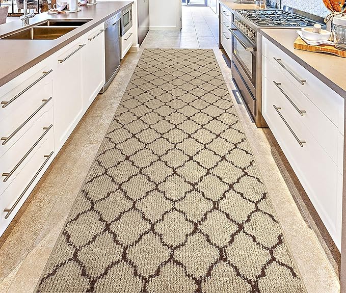 Custom Size Modern Runner Rug Carpet for Hallway Entryway Foyer Kitchen, Slip Resistant Latex Rubber Backed 31 inch Wide X Customized Length, Trellis Beige, 31 inch X 21 feet