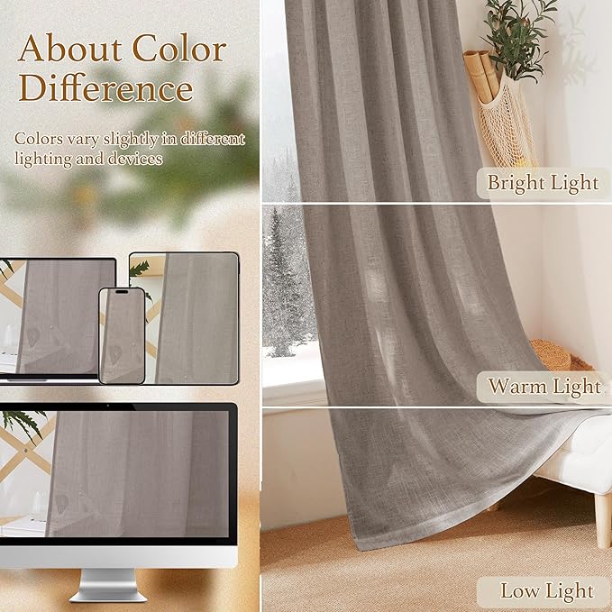 RYB HOME Linen Textured Curtains Semi Sheer Window Curtains Light Filtering Ariy Privacy Sheers for Bedroom Living Room Bathroom Patio Door, Birch Brown, 52 inch Wide x 84 inch Long, 2 Panels