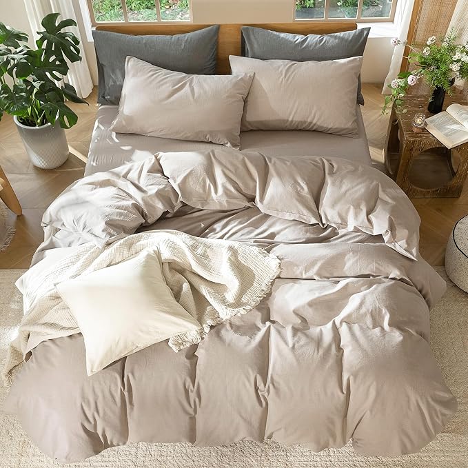 MooMee Bedding Duvet Cover Set 100% Washed Cotton Linen Like Textured Breathable Durable Soft Comfy (Heathered Taupe, Queen 90"x90")
