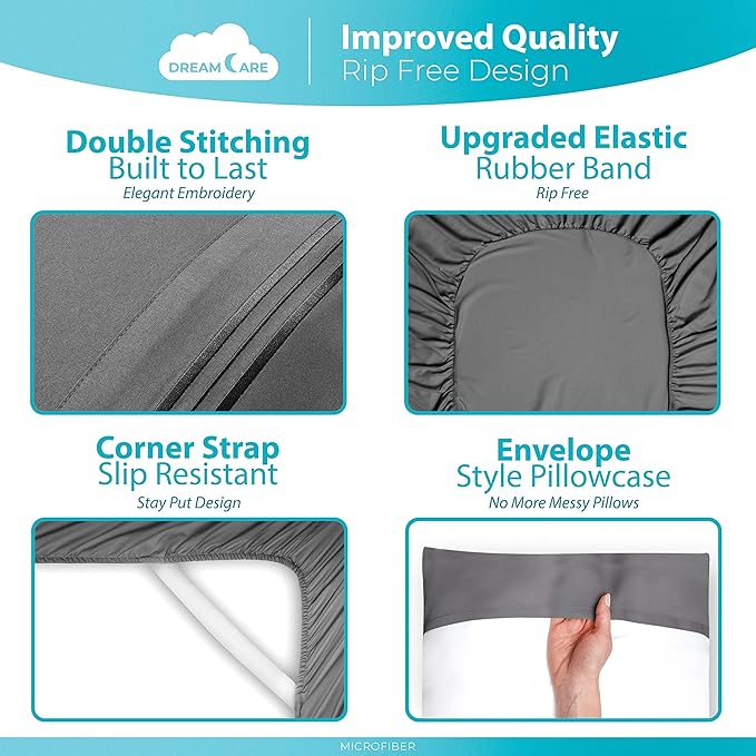 DREAMCARE Twin Sheets Set – 3pcs Cooling Sheets – up to 15” Deep Pocket Twin Sheet Set – Hotel Luxury Sheets & Pillowcases – Superior Softness 100% Fine Microfiber with Side Pocket – Gray