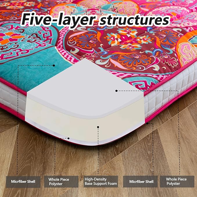 MAXYOYO Bohemian Style Futon Mattress, Padded Japanese Floor Mattress Quilted Bed Mattress Topper, Extra Thick Folding Sleeping Pad Breathable Floor Lounger Guest Bed for Camping Couch, Red, Queen