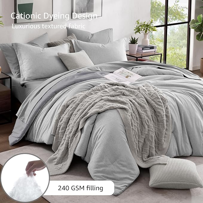 Monbix Full Size Comforter Set, Grey Bedding Comforter for Full Size Bed Set Reversible, Bedding Sets Full 7 Pieces, Cationic Dyeing Bed in a Bag with Comforter, Sheets, Pillowcases & Shams