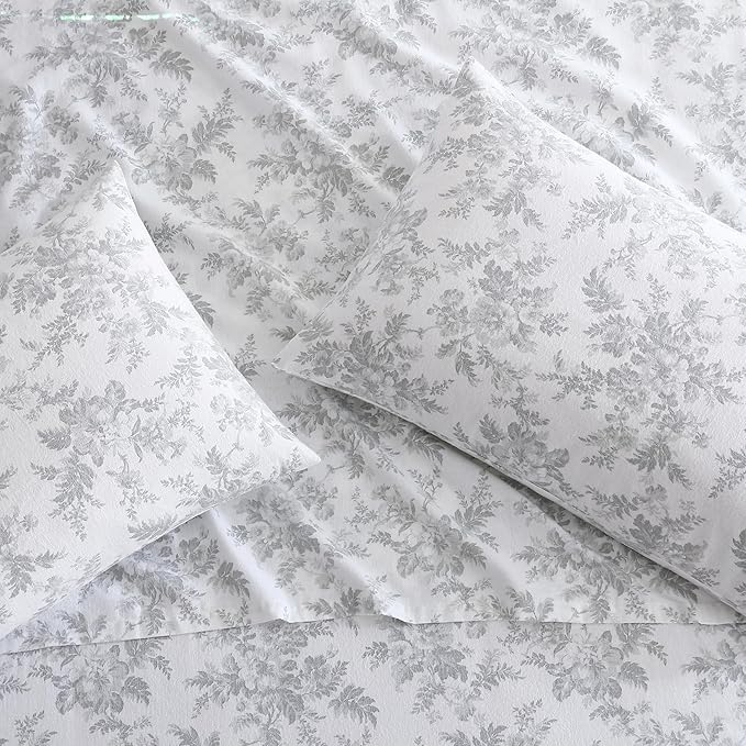 Laura Ashley - Flannel Sheets King Size, Anti-Pilling & Wrinkle Resistant Cotton, Touchably Soft for All-Season Comfort - Bed Sheets with Matching Pillowcases & Fitted Sheet (Vanessa Grey)