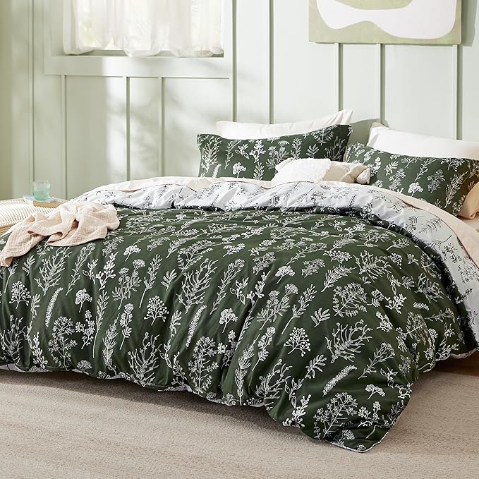 Bedsure King Comforter Set - Dark Olive Green Bed Set, 3 Pieces Cute Floral Bedding, 1 Soft Reversible Botanical Flowers Comforter and 2 Pillow Shams