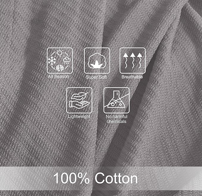 COTTON CRAFT Soft Cotton Thermal Blanket - Plush Herringbone Twill - All Season Luxurious Breathable Skin Friendly Lightweight Cooling Throw Blanket - Sofa Couch Travel Camping Dorm - Full Queen Grey