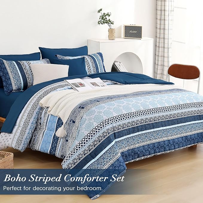 Cottolester Boho Comforter Set California King Size,8 Pieces Navy Blue Bohemian Striped Bed in a Bag,Paisley Soft Microfiber Bedding Comforter Set