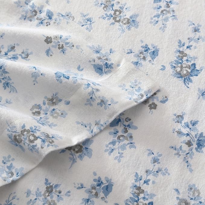 Laura Ashley - Flannel Sheets Queen Size, Anti-Pilling & Wrinkle Resistant Cotton, Touchably Soft for All-Season Comfort - Bed Sheets with Matching Pillowcases & Fitted Sheet (Audrey Blue)
