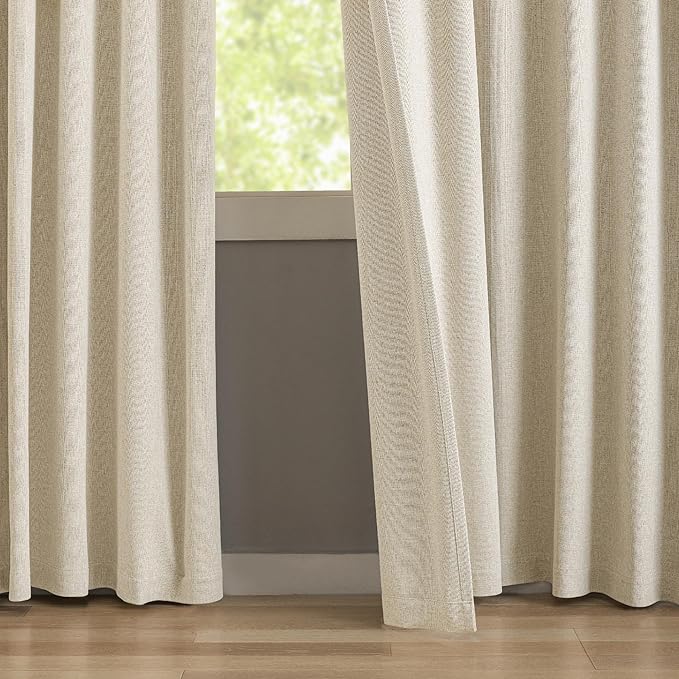 100% Blackout Pinch Pleated Linen Curtains 108 Inches Long, Extra Long Pinch Pleated Drapes with Hooks, Soft Thick Linen Curtain Panels for Sliding Door Modern Farmhouse,60x108, Natural Beige,2 PCs