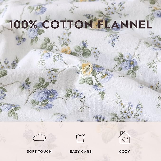 Laura Ashley - Flannel Sheets King Size, Anti-Pilling & Wrinkle Resistant Cotton, Touchably Soft for All-Season Comfort - Bed Sheets with Matching Pillowcases & Fitted Sheet (Le Fleur Cottage Blue)