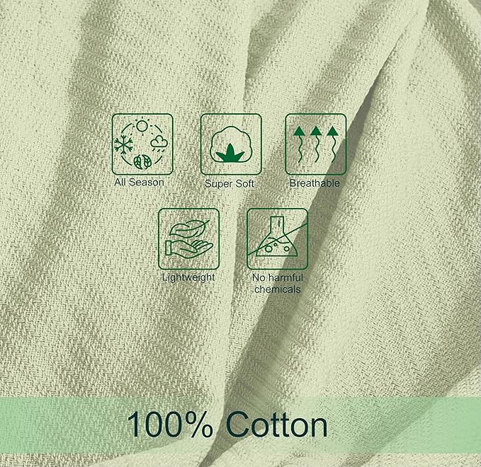 COTTON CRAFT Soft Cotton Thermal Blanket - Plush Herringbone Twill - All Season Luxurious Breathable Skin Friendly Lightweight Cooling Throw Blanket - Sofa Couch Travel Camping Dorm - King Sage